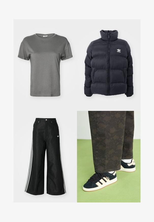 Námořnická puffer bunda s vysokým límcem, zipovým zapínáním a bílým logem Adidas na hrudi. Obsahuje prošité panely a hladký, lesklý povrch.; Šedé tričko s krátkým rukávem vyrobené z měkké bavlny. Má klasický kulatý výstřih, ohrnuté rukávy a volný střih s hladkou, rovnoměrnou texturou.; Černé široké džíny s třemi bílými pruhy po stranách a malým bílým logem. Obsahují přední kapsy a zapínání na knoflík.; Černé a vzorované kalhoty spárované s tmavě modrými semišovými teniskami s krémovými pruhy a bílými podrážkami. Povrchy jsou zobrazeny jako texturované a rovné.