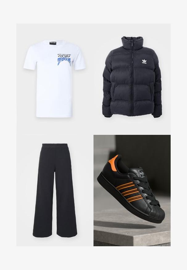 Casaco puffer azul marinho com gola alta, fecho de zip e logotipo branco da Adidas no peito. Apresenta painéis cosidos e uma textura suave e brilhante.; T-shirt de algodão branca com um gráfico em texto azul e preto a dizer "VERSACE JEANS COUTURE" com um design estilizado e ousado. Mangas curtas.; Calças de fato largas, pretas, feitas de tecido macio, com uma cintura elástica e um pequeno logótipo do lado esquerdo.; Sapatilha preta com detalhes laranja, três riscas horizontais, parte superior em couro texturizado, bico de borracha e atacadores pretos.