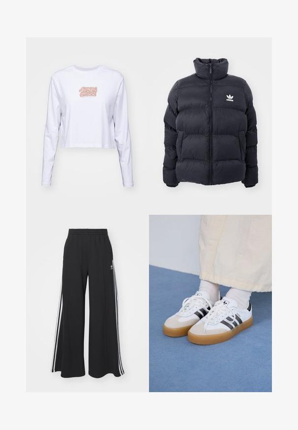 Granatowa kurtka puchowa z wysokim kołnierzem, z zamkiem błyskawicznym i białym logo Adidas na piersi. Posiada przeszywane panele oraz gładką, błyszczącą teksturę.; Biała, krótka koszulka z długim rękawem, wykonana z bawełny, z wielokolorowym logo "SANTA CRUZ" nadrukowanym na piersi.; Czarne szerokie spodnie dresowe z elastycznym pasem, z białymi paskami po bokach i haftowanym logo na lewej udzie.; Białe sneakersy z czarnymi paskami i beżowymi zamszowymi akcentami. Posiadają teksturowaną gumową podeszwę i płaskie białe sznurowadła, noszone z jasnymi skarpetami.