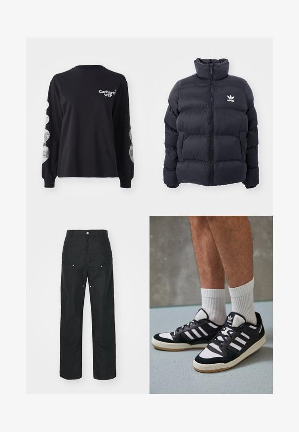 Navy puffer jacket with high collar, zip closure, and white Adidas logo on the chest. Features stitched panels and a smooth, shiny texture.; Black long-sleeve t-shirt made of cotton, featuring the "Carhartt WIP" logo on the front and graphic prints along the sleeves.; Black trousers with a straight-leg design, made of a textured fabric. Features decorative silver hardware and unique seam detailing.; Black and white sneakers with a suede and leather upper, featuring three white stripes, a perforated toe, and a gum rubber sole.