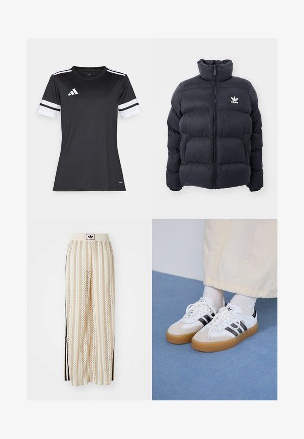 Mornarska puffer jakna s visokim ovratnikom, zatvaranjem na zip i bijelim Adidas logotipom na prsima. Ima šivane panele i glatku, sjajnu teksturu.; Crna sportska majica s bijelim detaljima i tri vodoravne pruge na rukavima. Izrađena od tkanine koja odvodi vlagu, dizajnirana za sportske aktivnosti.; Pantalone širokog kroja krem boje s zigzag uzorkom, koji sadrži sivi pojas s crnim logotipom i bočne crne pruge. Lagani, teksturirani materijal.; Bjele tenisice s crnim prugama i bež suknjom. Imaju teksturiranu gumu potplat i ravne bijele vezice, nošene uz svijetle čarape.