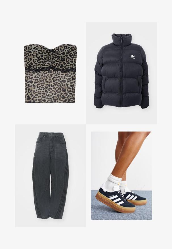 Giacca puffer blu navy con colletto alto, chiusura con zip e logo Adidas bianco sul petto. Presenta pannelli cuciti e una texture liscia e lucida.; Top senza spalline con stampa leopardata e texture arricciata, bordo in pizzo nero lungo il fondo, realizzato in tessuto leggero.; Jeans di denim neri a gamba larga con una finitura sbiadita, cinque tasche, chiusura con bottone in vita e dettagli cuciti sulla parte frontale e laterale.; Sneakers in pelle scamosciata nera con strisce e dettagli bianchi, punta arrotondata, suola in gomma color gomme, abbinate a calzini bianchi a coste alla caviglia.