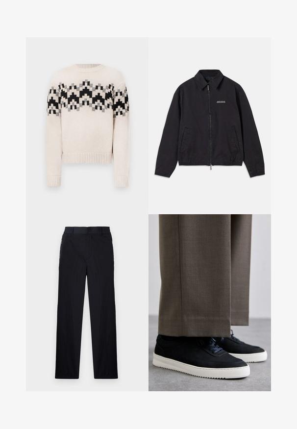 Zwarte jas van zachte stof, met een ritssluiting aan de voorkant, kraag, zijzakken en elastische manchetten, met een minimaal logo op de borst.; Beige gebreide trui met een zwart, grijs en beige geometrisch patroon over de borst en mouwen, met ribgebreide manchetten en zoom.; Zwarte broek van een lichtgewicht, gestructureerde stof, met een recht model, elastische Tailleband en zijzakken met rits.; Zwarte suède sneakers met witte rubberen zolen, voorzien van een ronde neus en veters, gedragen met grijze tailored broek.