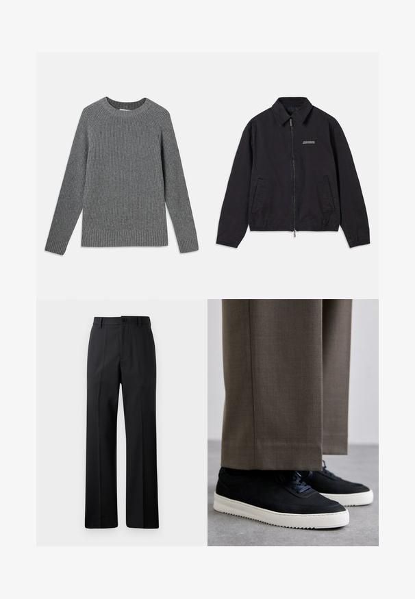 Fekete dzseki puha anyagból, elől cipzáros záródással, gallérral, oldalsó zsebekkel és rugalmas mandzsettákkal, minimális logóval a mellkason.; Szürke bordázott pulóver hosszú ujjakkal, kerek nyakkivágással és texturált anyagból készült. Bordázott szegélyekkel rendelkezik a mandzsettákon és az alján.; Fekete egyenes szabású nadrág övhurkokkal, elülső gombbal és cipzárral, egyszerű fehér háttér előtt bemutatva.; Fekete velúr sportcipők fehér gumitalppal, kerek orrú, fűzős kialakítással, szürke, szabott nadrággal párosítva.