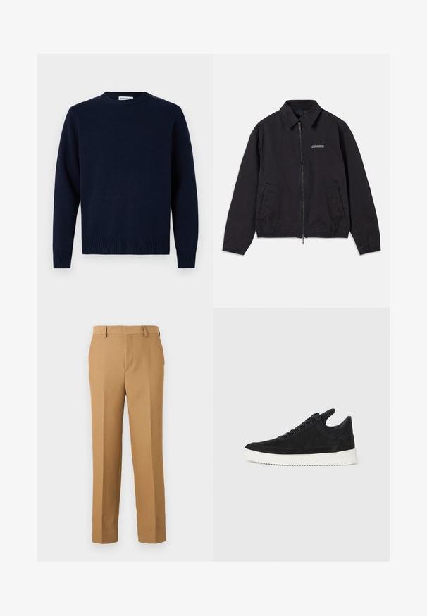 Black jacket made of soft fabric, featuring a zip front closure, collar, side pockets, and elastic cuffs with a minimal logo on the chest.; Navy blue sweater with a crew neckline, ribbed cuffs, and hem. Made from soft knit material, featuring a simple, classic design.; Beige dress pants made of woven fabric, featuring a straight cut, flat front, and belt loops. Smooth texture with no visible patterns.; Black suede sneaker with a white rubber sole, featuring tonal stitching and lace-up design. Smooth texture with a modern, streamlined shape.
