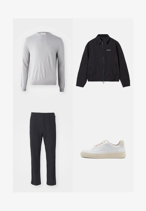 Sorte jakke laget av mykt stoff, med glidelås foran, krage, sidelommer og elastiske mansjetter, samt en minimal logo på brystet.; Lys grå langermet genser med rund hals, laget av mykt stoff, med en jevn tekstur og ribbestrikkede mansjetter og nederkant.; Sorte plisserte bukser med teksturert stoff, med rett ben-design og standard midje. Ingen synlige lommer eller metallfester.; Hvit sneaker med en glatt skinnoverdel, beige snørebånd og en teksturert beige semsket hælflik. Hevet såle for ekstra høyde.