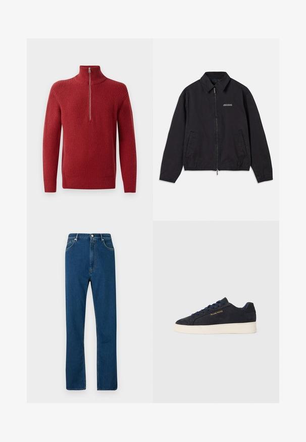 Zwarte jas van zachte stof, met een ritssluiting aan de voorkant, kraag, zijzakken en elastische manchetten, met een minimaal logo op de borst.; Rode geribbelde gebreide pullover met een hoge kraag en een halve ritssluiting. De textuur is gebreid en warm, geschikt voor koudere weersomstandigheden.; Blauwe denim jeans met een hoge taille, rechte pijp, vijf zakken en contrasterende oranje stiksels. Glad textuur.; Navyblauwe suède lage sneakers met een witte zool, navy veters en het 'Filling Pieces' logo in goud op de zijkant.