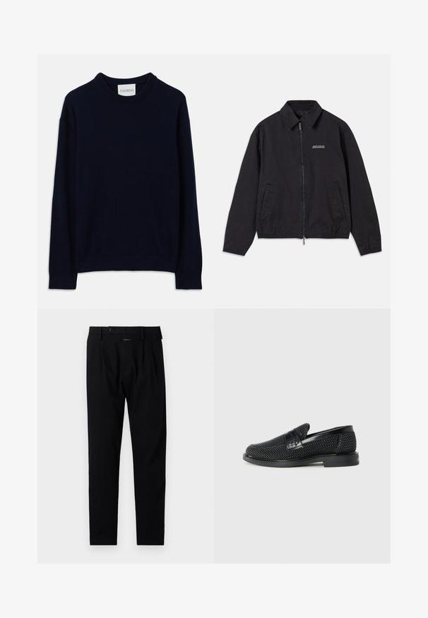 Juodas švarkas, pagamintas iš minkštos medžiagos, su užtrauktuko priekyje, apykakle, šoninėmis kišenėmis ir elastingomis rankovėmis, ant krūtinės esant minimaliai logotipui.; Tamsiai mėlynas ilgos rankovės laisvalaikio megztinis su rūgštiniais rankogalviais ir apvadu, su maža balta etikete "CLOSED" ant kaklo.; Juodos kelnės su pritaikytu siluetu, su lygia priekine dalimi, vieni raukiniai ir knopkių uždarymas. Pagamintos iš lygaus audinio, tinkančio oficialiems renginiams.; Juodas pintas slip-on tipo batelis su lygiu odiniu akcentu viršuje, apvalios nosies dizainas ir žemas guminis padas.