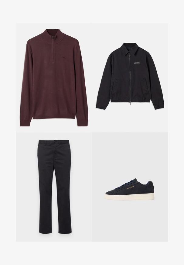 Črna jakna iz mehkega materiala, z zadrgo spredaj, ovratnikom, stranskimi žepi in elastičnimi manšetami ter minimalnim logotipom na prsih.; Dolgi rjav pleteni pulover z delnim zadrgo in rebrastimi manšetami ter robom, prikazan na beli ozadju.; Črne bombažne hlače s ravnim krojem, opremljene z gumbom in zankami za pas. Gladka tekstura, brez vidnih vzorcev ali dodatkov.; Mornarsko modre semiš nizke superge z belim podplatom, mornarskimi vezalkami in z zlatim logotipom "Filling Pieces" na strani.