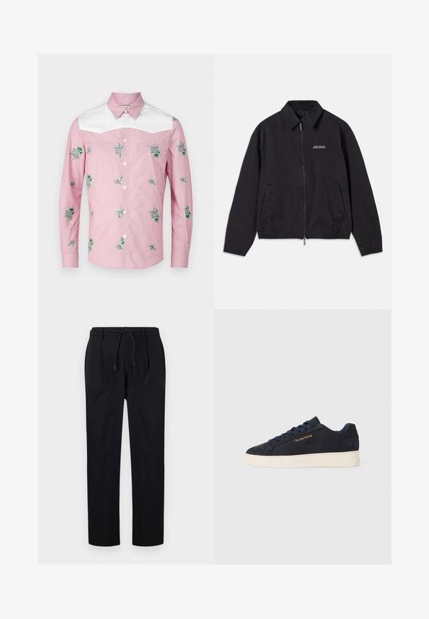Mustat takki, joka on valmistettu pehmeästä kankaasta, varustettu vetoketjulla edessä, kauluksella, sivutaskuilla ja joustavilla hihansuiden kanssa, joissa on minimaalinen logo rinnassa.; Pitkähihainen paita vaaleanpunaisena ja valkoisena. Siinä on kukkakirjontaa ja valkoinen yoke. Valmistettu kevyestä kankaasta, jossa on napitus edessä.; Farkut mustat, valmistettu sileästä kankaasta, jossa on narukiristysvyö, suorat lahkeet ja edessä pleatit rakenteellista ilmettä varten.; Navy sinivuori matalavartiset tennarit valkoisella pohjalla, laivastonsiniset nauhat ja "Filling Pieces" -logo kullassa sivussa.