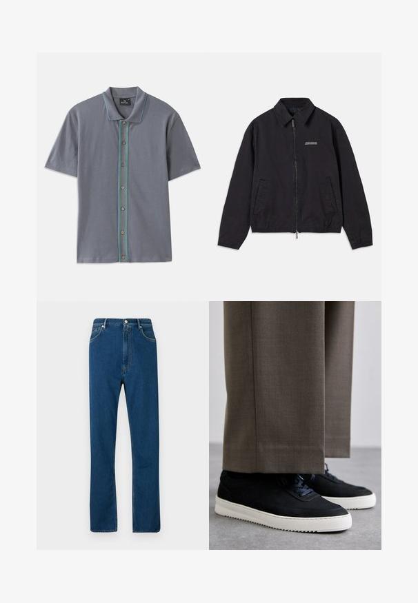 Sorte jakke laget av mykt stoff, med glidelås foran, krage, sidelommer og elastiske mansjetter, samt en minimal logo på brystet.; Grå kortermet polo skjorte med en kontrasterende blå og grønn stripe langs knappestolpen og fem brune knapper. Myk stofftekstur.; Blå denimjeans med høy midje, rett ben design, fem-lommers stil, og kontrasterende oransje søm. Glatt tekstur.; Svarte suedeglans sneakers med hvite gummisåler, med rund tå og lisser, iført grå skreddersydde bukser.