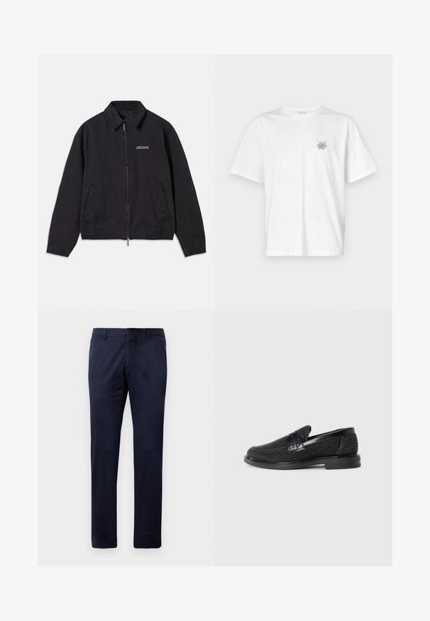 Melna jaka, kas izgatavota no mīksta auduma, ar rāvējslēdzēja priekšpusi, apkakli, sānu kabatām un elastīgām piedurknēm, ar minimālu logotipu uz krūškurvja.; Baltas kokvilnas T-krekls ar īsām piedurknēm, apaļu dekoltē un mazu pelēku logo kreisajā krūšu daļā. Gluda tekstūra.; Tumši zili taisnā piegriezuma bikses ar jostas cilpām, priekšējo pogu aizdari un sānu kabatām, izstādītas uz baltas fona.; Melnas austas slaidu kurpes ar gludu ādas akcentu augšpusē, apaļas formas purngalu un zemas profila gumijas zoli.