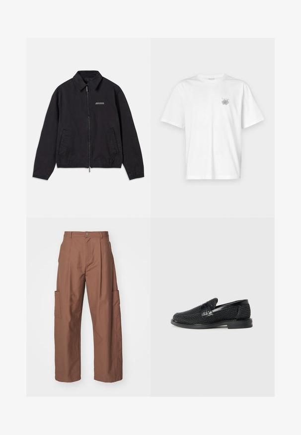 Svart jacka i mjukt tyg med dragkedja framtill, krage, sidofickor och elastiska muddar samt en minimal logotyp på bröstet.; Vit t-shirt i bomull med korta ärmar, rund hals och en liten grå logotyp på vänster bröst. Slät textur.; Han Kjøbenhavn TROUSERS - Tygbyxor - brown; Svart vävd slip-on sko med en slät läderdetalj på ovansidan, med rund tådesign och en låg gummisula.