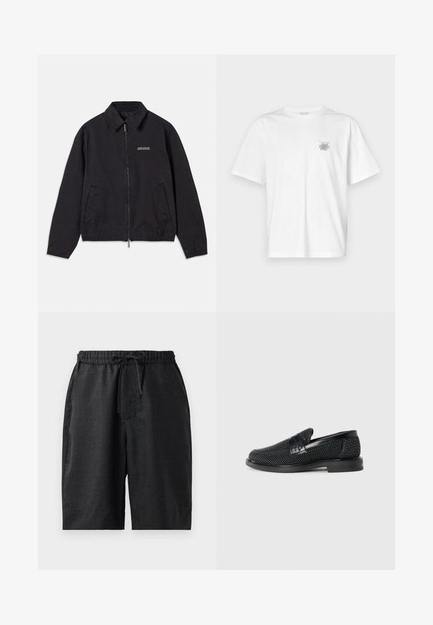 Čierna bunda vyrobená z jemnej tkaniny, so zapínaním na zips vpredu, golierom, bočnými vreckami a elastickými manžetami s minimalistickým logom na hrudi.; Biela tričko vyrobené z bavlny, s krátkymi rukávmi, okrúhlym výstrihom a malým šedým logom na oblasti ľavej hrude. Hladká textúra.; Čierne, kraťasy po kolená s elastickým pásom a šnúrkou. Hladká textúra s dvoma bočnými vreckami, jednoduchý dizajn a bez viditeľných vzorov.; Čierne tkané slip-on topánky s hladkým koženým akcentom na vrchnej časti, s okrúlym dizajnom špičky a nízkoprofilovou gumovou podrážkou.