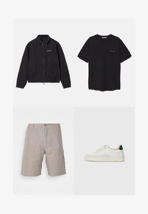 Black jacket made of soft fabric, featuring a zip front closure, collar, side pockets, and elastic cuffs with a minimal logo on the chest.; Black cotton T-shirt with a crew neck, short sleeves, and a white logo print on the left chest. Simple, solid color design.; Beige linen shorts with a relaxed fit, featuring a button closure, belt loops, and a smooth texture. No visible patterns or accents.; White sneaker with suede accents, rounded toe, flat laces, and a cream rubber sole. Features green branding on the heel.