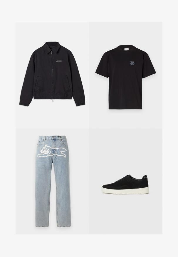 Svart jacka i mjukt tyg med dragkedja framtill, krage, sidofickor och elastiska muddar samt en minimal logotyp på bröstet.; Svart bomullströja med rund hals och korta ärmar. Har en liten blå logotyp på vänster bröst. Enkel, rak design.; Ljusblå denimjeans med rak passform, med en stor vit grafik av en katt på baksidan. Klassisk femficksdesign.; Svarta mockaskor med snörningsdesign och kontrasterande vita gummisulor. Har texturerade sidopaneler och diskret branding på hälen.