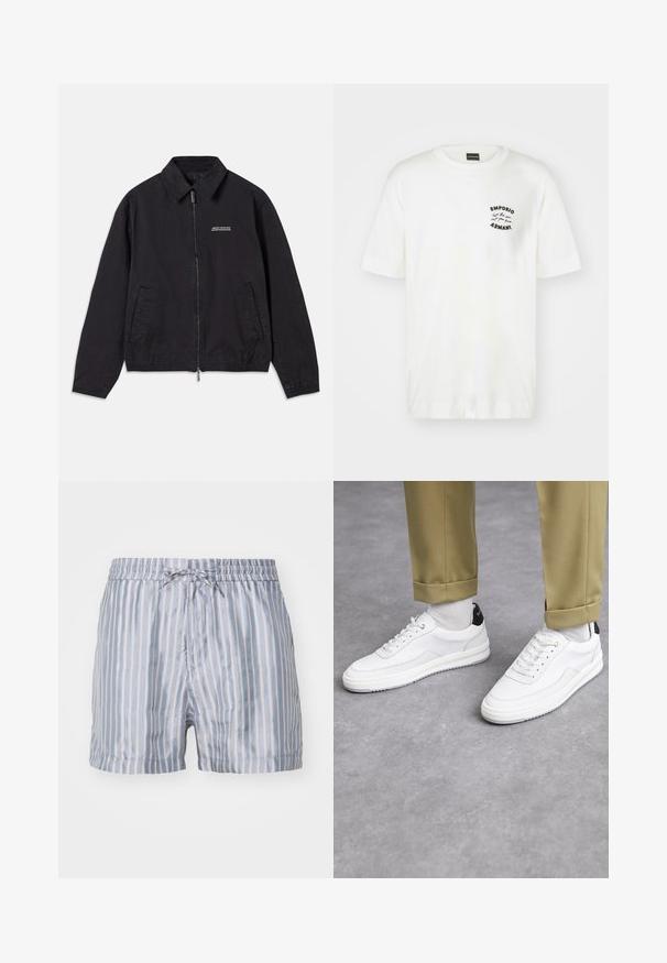 Svart jacka i mjukt tyg med dragkedja framtill, krage, sidofickor och elastiska muddar samt en minimal logotyp på bröstet.; Vit bomull t-shirt med rund hals och korta ärmar. Har en svart broderad logotyp på vänster bröst. Slät textur.; Randiga simshorts i ljusblått och vitt, med elastisk midja, snärddrag och mjukt, lätt material.; Vita sneakers med en texturerad läderfinish, rund tå och svart häldetalj. Gummisul med litet mönster och sydd detalj.