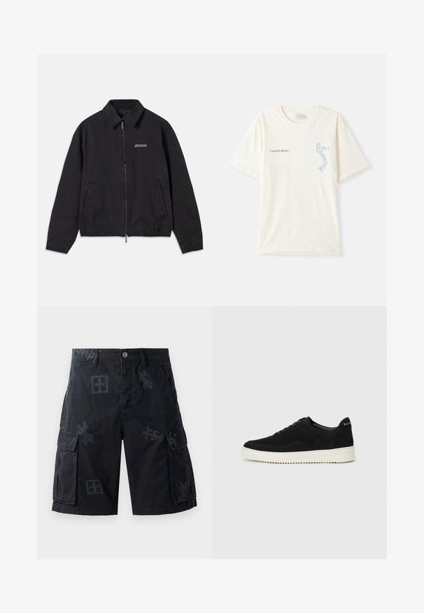 Zwarte jas van zachte stof, met een ritssluiting aan de voorkant, kraag, zijzakken en elastische manchetten, met een minimaal logo op de borst.; Witte katoenen t-shirt met korte mouwen, met de tekst "United By Rhythm" in zwart en blauwe graphics op de borst. Rond halsontwerp.; Zwarte cargo-shorts met twee zijzakken, een knoopsluiting en ton-sur-ton grafische patronen. Gemaakt van een geprofileerde stof.; Zwarte suède sneakers met vetersluiting en contrasterende witte rubberen zool. Voorzien van textuurpanelen aan de zijkanten en subtiele branding op de hiel.