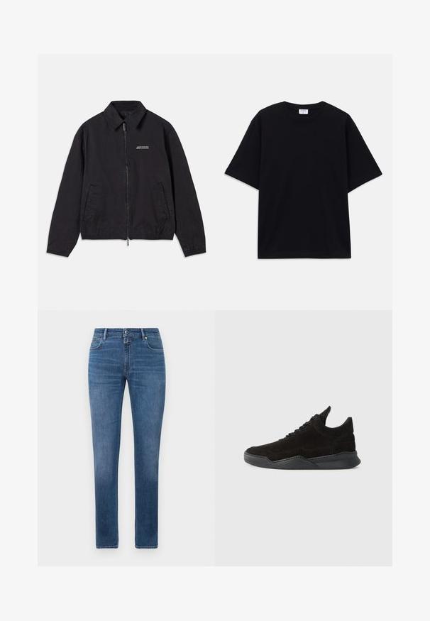Čierna bunda vyrobená z jemnej tkaniny, so zapínaním na zips vpredu, golierom, bočnými vreckami a elastickými manžetami s minimalistickým logom na hrudi.; Čierne nadrozmerné tričko s krátkym rukávom a okrúhlym výstrihom, s viditeľnou značkovou etikou Filippa K vo vnútri goliera.; Rovné džínsy z modrej denimovej tkaniny s predným zapínaním na gombík a zips, a piatimi vreckami, vystavené na bielom pozadí.; Čierne semišové tenisky s nízkym profilom, textúrovaným zvrškom, plochými šnúrkami a pevným gumovým podpätkom s jemným zdvihom a zakriveným dizajnom.