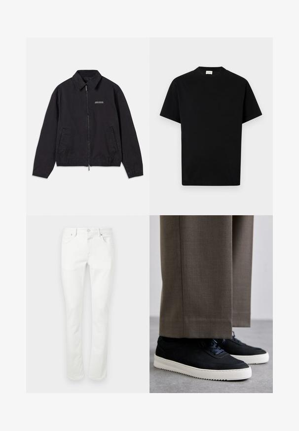 Sorte jakke laget av mykt stoff, med glidelås foran, krage, sidelommer og elastiske mansjetter, samt en minimal logo på brystet.; Svart bomulls t-skjorte med rund hals, korte ermer og rett snitt. Ingen synlige mønstre eller feste detaljer.; Hvite denimjeans med rett skåret design, fem lommer og metallknapp lukking. Glatt tekstur og minimale sømdetaljer.; Svarte suedeglans sneakers med hvite gummisåler, med rund tå og lisser, iført grå skreddersydde bukser.