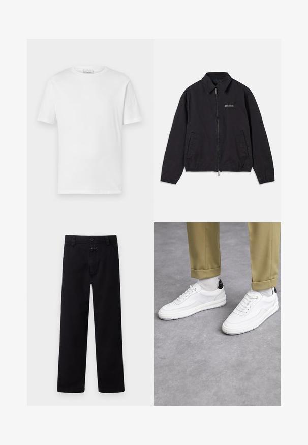 Zwarte jas van zachte stof, met een ritssluiting aan de voorkant, kraag, zijzakken en elastische manchetten, met een minimaal logo op de borst.; Witte t-shirt met korte mouwen van katoen. Heeft een ronde halslijn en een rechte zoom. Geen patronen of versieringen. Eenvoudig ontwerp.; Zwarte katoenen broek met een recht model, voorzien van een sluiting met een knoop en ritssluiting aan de voorkant, en zijzakken. Eenvoudige en veelzijdige stijl.; Witte sneakers met een textuur van leerafwerkingen, een ronde neus en een zwarte hielaccent. Rubberen zool met een klein profiel en gestikte details.
