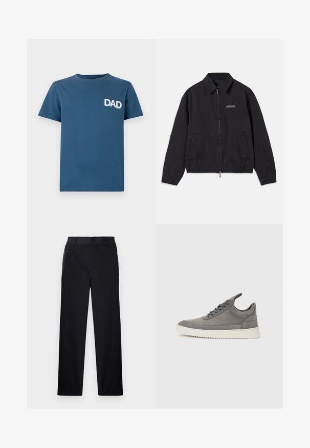 Svart jacka i mjukt tyg med dragkedja framtill, krage, sidofickor och elastiska muddar samt en minimal logotyp på bröstet.; Blå bomullströja med korta ärmar och rund hals, med en vit "DAD"-tryck på vänster bröstområde.; Svarta byxor med lätt, texturerad tyg, rak benmodell, elastisk midja och sidofickor med dragkedja.; Grå mockaskor med en strukturerad yta, med en vit gummisula, runda snören och en lågt skuren design.
