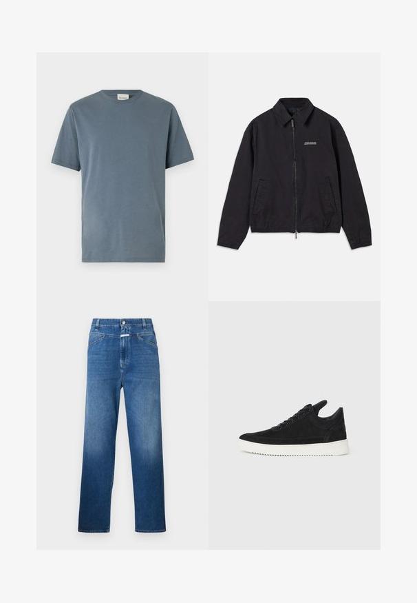 Black jacket made of soft fabric, featuring a zip front closure, collar, side pockets, and elastic cuffs with a minimal logo on the chest.; Short-sleeve T-shirt in soft, medium blue cotton. Features a classic crew neck, straight cut, and minimal stitching details.; Blue denim jeans with a straight-leg cut, featuring a button closure, belt loops, and subtle fading on the thighs.; Black suede sneaker with a white rubber sole, featuring tonal stitching and lace-up design. Smooth texture with a modern, streamlined shape.