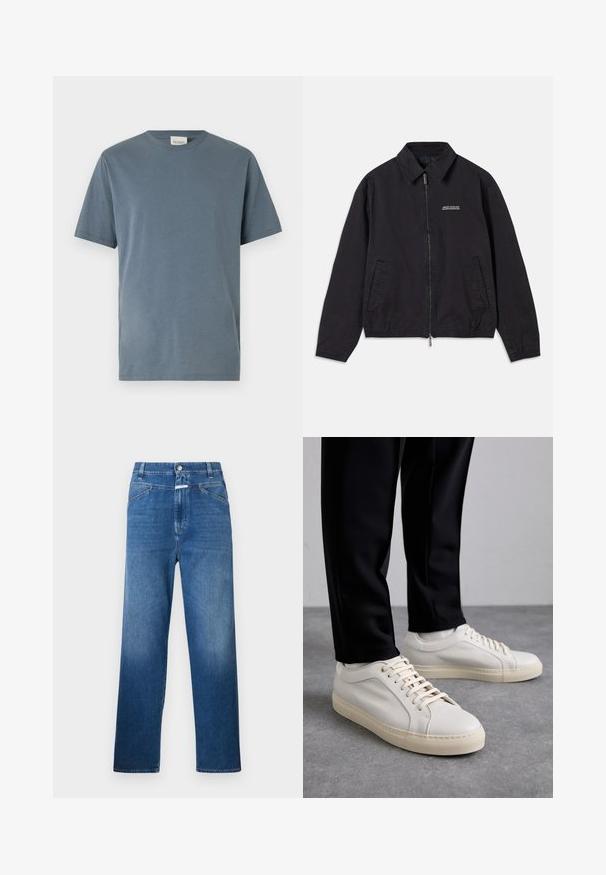 Crna jakna od mekog materijala, s prednjim zatvaračem na munje, ovratnikom, bočnim džepovima i elastičnim manžetama, te minimalističkim logotipom na prsima.; T-maica kratkih rukava od mekanog, srednje plavog pamuka. Ima klasičan okrugli izrez, ravni kroj i minimalne detalje šivanja.; Plave traperice ravnog kroja, s gumbom za zatvaranje, petljama za pojas i suptilnim izblijedjenjem na bedrima.; Svijetlosmeđi kožni tenisice s ravnim vezicama, teksturiranom površinom i kontrastnom kremasto bijelom gumom potplatom, uparene s crnim suženim hlačama.