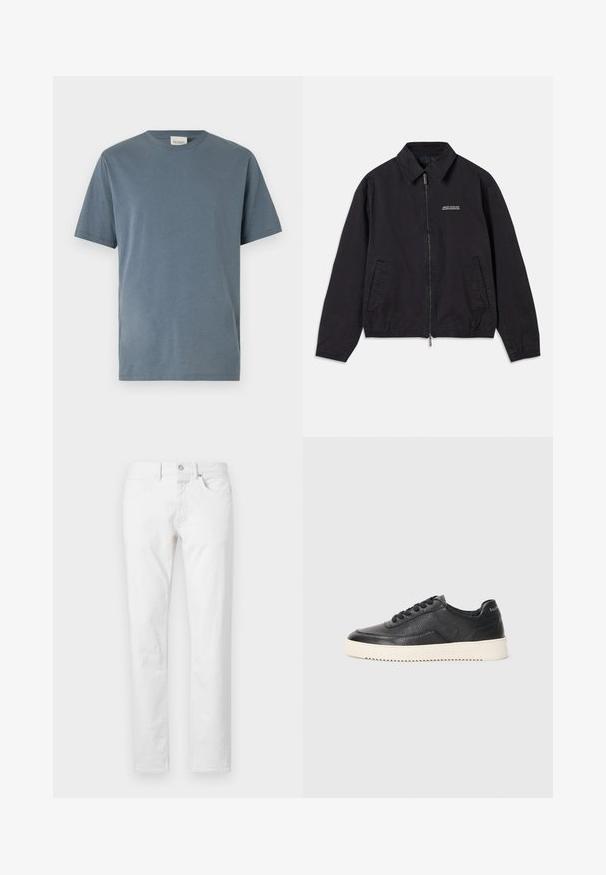 Melna jaka, kas izgatavota no mīksta auduma, ar rāvējslēdzēja priekšpusi, apkakli, sānu kabatām un elastīgām piedurknēm, ar minimālu logotipu uz krūškurvja.; Īsām piedurknēm T-krekls no maiga, vidēji zila kokvilnas. Piemīt klasiskas apaļas izgriezuma formas, taisns griezums un minimālas šuvju detaļas.; Baltas taisnas džinsus ar piecu kabatu dizainu, pogu aizdari un klasisku piegriezumu ar minimālu tekstūru.; Melnas ādas sporta kurpes ar struktūru, apaļu purngalu un plakanu baltu gumijas zoli. Iezīmētas ar melnām šņorēm un zīmola logo uz papēža.