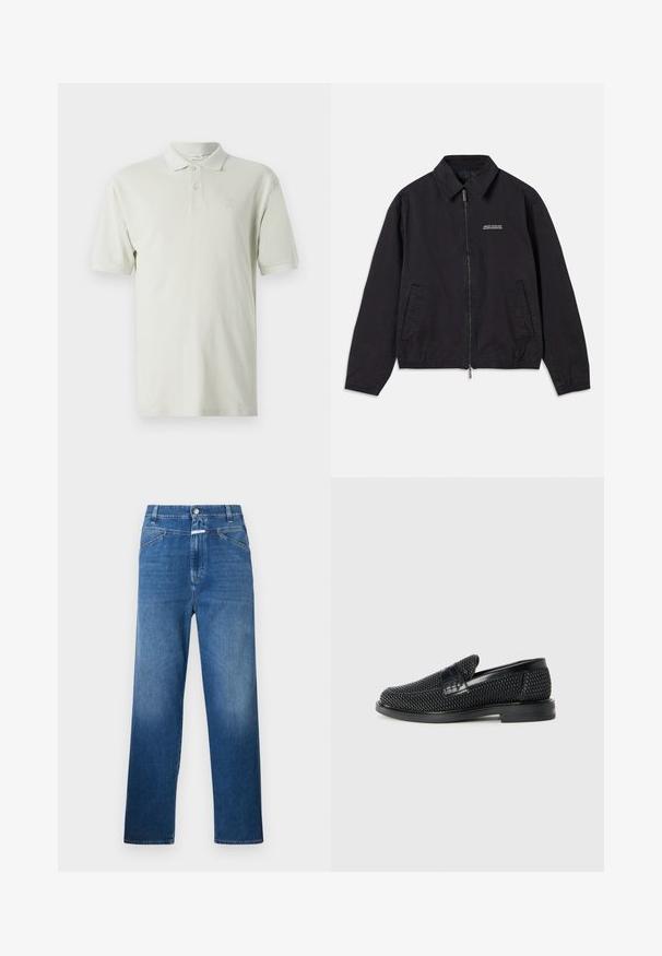 Mustat takki, joka on valmistettu pehmeästä kankaasta, varustettu vetoketjulla edessä, kauluksella, sivutaskuilla ja joustavilla hihansuiden kanssa, joissa on minimaalinen logo rinnassa.; Vaaleanbeige polo-paita, jossa on lyhyet hihat, klassinen kaulus ja kolmesta napista koostuva avaus. Hienovarainen logo brodeerattuna rintaan. Venytettävä puuvillakangas.; Siniset farkut suoralla lahkeella, joissa on nappikiinnitys, vyölenkit ja hillitty haalistuma reidellä.; Musta kudottu liukupohjallinen kenka, jossa on sileä nahkakorostus päällisessä, pyöreä kärki ja matala kumipohja.