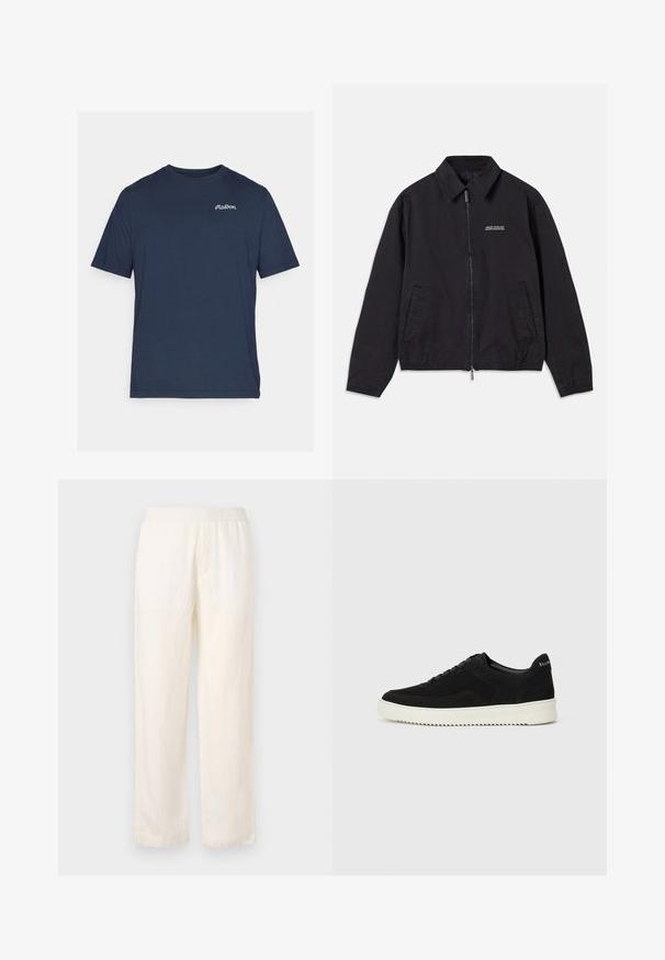 Črna jakna iz mehkega materiala, z zadrgo spredaj, ovratnikom, stranskimi žepi in elastičnimi manšetami ter minimalnim logotipom na prsih.; Temno modra bombažna majica s kratkimi rokavi. Vključuje majhen bel vezen logo na levi prsni strani. Okrugli izrez.; Lahki, smetano obarvane hlače z elastičnim pasom, naravnim krojem nogavic in subtilno teksturo. Brez vidnih žepov.; Črni semiš teniški copati z vezalkami in kontrastnim belim gumijastim podplatom. Imajo teksturirane stranske panele in subtilno oznako na peti.
