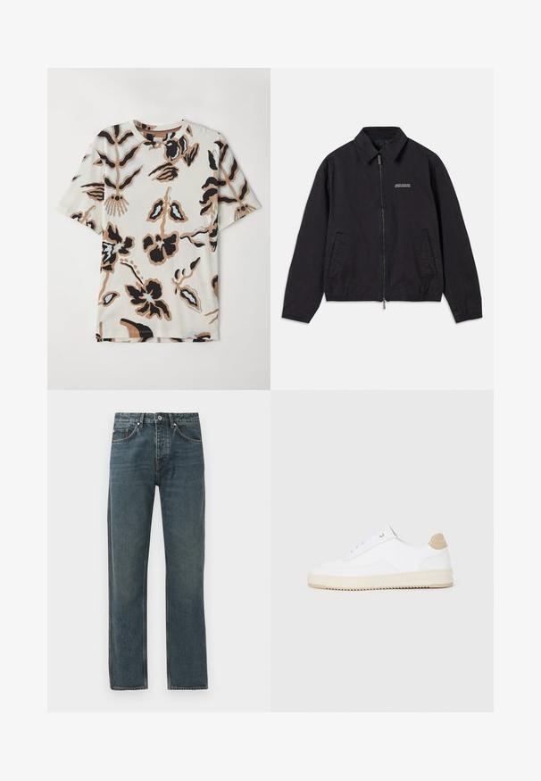 Must must siled, pehmest kangast, millel on lukuga eesmine sulgemine, krae, küljetaskud ja elastsed mansetid, millel on minimaalne logo rinnal.; Lühikeste varrukatega T-särk, mis on valmistatud pehmest kangast. Särgil on kreemjas taust, millel on mustade, pruunide ja helesiniste abstraktsete lillemuster.; Tumed sinine denimist teksad sirge jala disainiga, viie tasku, nööbiga sulgemise ja kontrastsete õmbluse detailidega.; Valged madala varsaga tennisetooted, mille pealmine on tekstuuriga nahast, kreemja soonikuga tald ja pruuni tooni kand. Omab valgeid paelu ja logodetaile kanna peal.