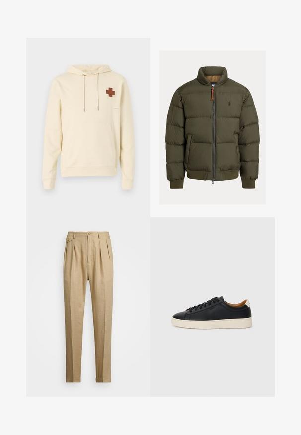 Olivovozelená puffová bunda s vysokým golierom, zipsovým zapínaním, rebrovými manžetami a spodným okrajom. Má logo na hrudi. Textúrovaná tkanina s horizontálnym prešívaním.; Béžová mikina s kapucňou a predným vreckom, s hnedou krížovou nášivkou na ľavej hrudi a sivými akcentmi na pravej rukáve.; Bežové ľanové nohavice so strihaním do rovna, so 'dvoma prednými záhybmi, s gombíkovým zapínaním a bočnými vreckami. Textúrovaná látka s hladkým povrchom.; Čierne kožené tenisky s hladkou textúrou, béžová gumová podrážka, viazanie a kontrastný akcent na päte.