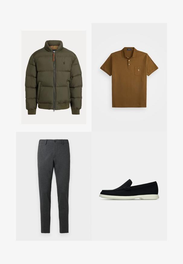 Doudoune verte olive avec un col montant, fermeture éclair, poignets et ourlet côtelés. Présente un logo sur la poitrine. Tissu texturé avec des coutures horizontales.; Polo shirt marron en coton avec un col, un plastron à deux boutons et une poche sur la poitrine gauche portant un logo brodé. Manches courtes.; Pantalons gris foncé en tissu texturé. Conception ajustée avec une jambe droite, comportant une fermeture à bouton unique et des passants de ceinture.; Chaussure noire à enfiler avec un bout arrondi, dotée d'un dessus texturé, d'une semelle blanche lisse et d'un détail de marque subtil sur le côté.