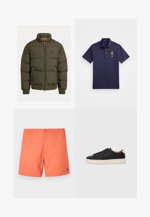 Olive zaļš pūka mēteli ar augstu apkakli, ar rāvējslēdzēju, ribota apkakle un apakšmala. Uz krūšu daļas ir logo. Tekstūrēts audums ar horizontālu šuvēm.; Polo Ralph Lauren CUSTOM SLIM POLO BEAR MESH POLO SHIRT - Polo krekls - faded blue bear; Koraļsarkani peldkostīmi, izgatavoti no viegla materiāla, ar elastīgu jostu ar pogu, sānu kabatām un mazu tumši zilu logo.; Melni ādas sporta apavi ar gludu tekstūru, bēša krāsas gumijas zole, auklu aizdare un kontrastējošs papēža akcents.