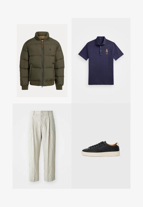 Doudoune verte olive avec un col montant, fermeture éclair, poignets et ourlet côtelés. Présente un logo sur la poitrine. Tissu texturé avec des coutures horizontales.; Polo Ralph Lauren CUSTOM SLIM POLO BEAR MESH POLO SHIRT - Polo - faded blue bear; Pantalons blancs à rayures, en tissu léger, à coupe décontractée, avec des plis et une taille avec passants de ceinture. Rayures verticales bleu marine.; Baskets en cuir noir avec une texture lisse, semelle en caoutchouc beige, design à lacets et accent de talon contrasté.