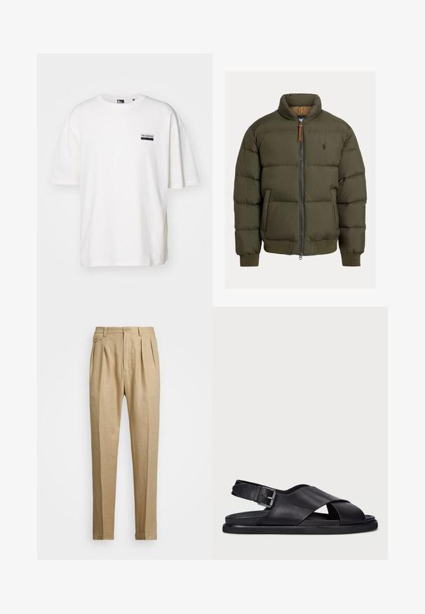 Alyvuogių žalios pūkinės striukės su aukštu apykakle, užtrauktuku, gumbuotais rankogaliais ir apatine dalimi. Ant krūtinės yra logotipas. Medžiaga su tekstūra ir horizontaliomis siūlėmis.; Baltos medvilnės marškinėliai su laisvu kirpimu, apvaliu iškirpimu ir trumpomis rankovėmis. Yra mažas juodas etiketė kairiajame krūtinės šone.; Bežinės lininės kelnės tiesaus kirpimo, turinčios dvi priekinės klostes, sagų užsegimą ir šonines kišenes. Tekstūruotas audinys su lygiu paviršiumi.; Polo Ralph Lauren ZANE LEATHER SANDAL - Sandalai - black