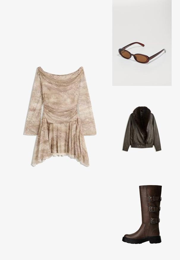 Brązowa skórzana kurtka z kołnierzem z sztucznego futra, luźny krój, ściągacz w pasie i dwie boczne kieszenie. Posiada dwa przednie guziki do zapięcia.; Sukienka z długim rękawem w beżowy wzór w węża, z dekoltem w kształcie drapowania, dopasowanym korpusem i rozkloszowaną spódnicą z asymetrycznym dołem. Miękka, teksturowana tkanina.; Brązowy skórzany wysokich but na kolano z trzema metalowymi klamrami, teksturowana powierzchnia, okrągły czubek i masywna podeszwa dla stabilności.; Okrągłe, brązowe okulary przeciwsłoneczne z błyszczącą bordową oprawą. Cienkie ramiona z subtelnym detalem marki. Płaski kształt soczewek.