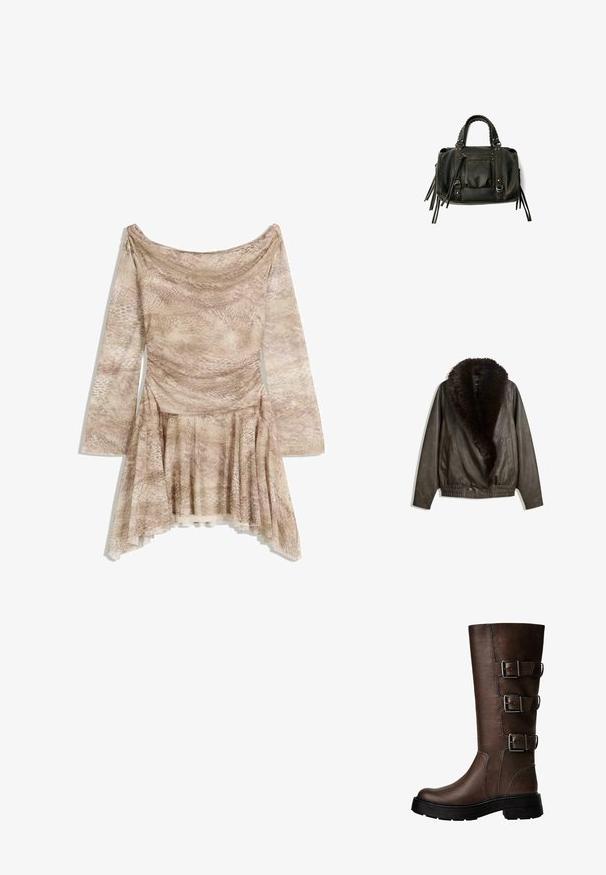 Jachetă din piele maro cu guler din blană artificială, croială lejeră, talie cu nervuri și două buzunare laterale. Prezentă două nasturi frontali pentru închidere.; Rochie cu mânecă lungă, în imprimeu de șarpe bej, cu un decolteu drapat, corp strâns și fustă evazată cu margine asimetrică. Material moale, texturat.; Botă maro din piele până la genunchi, cu trei catarame metalice, suprafață texturată, vârf rotunjit și talpă groasă pentru stabilitate.; Geantă din piele neagră, cu mânere împletite, buzunar cu fermoar și ciucuri suspendați. Suprafață texturată cu capse metalice și accente din metal.