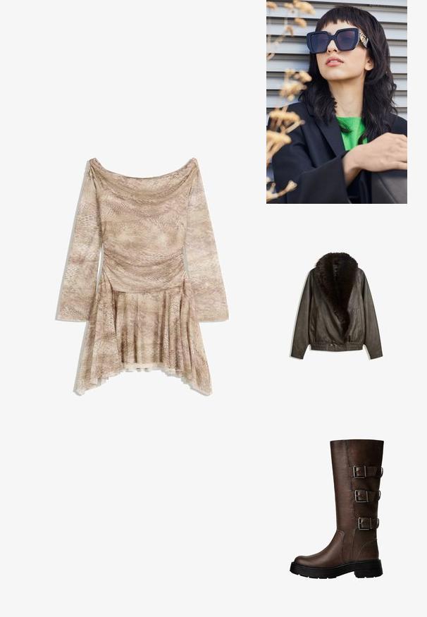 Ruskea nahkatakki, jossa on tekoturkiskaarroke, rento leikkaus, ribbikudottu vyötärö ja kaksi sivutaskua. Kaksi etupainiketta sulkemista varten.; Pitkät hihaiset mekko beige käärmeennahkakuosisena, jossa on roikkuva kaula-aukko, istuva yläosa ja liehuva hame epäsymmetrisellä helman muodolla. Pehmeä, teksturoitu kangas.; Ruske nahke čizme do kolena s tri metalna kopčanja, teksturirana površina, zaobljen vrh i debeli đon za stabilnost.; Yli suuri musta aurinkolasit paksulla kehällä ja kultaisella korostuksella, käytetty mustan bleiserin ja kirkkaan vihreän paidan kanssa vaakasuoraa taustaa vasten.; Ruskea nahkainen hobo-laukku, jossa on löysä muotoilu ja sileä pinta. Mallin päällä rento asuste, jossa on suuri aukko ja pyöreä muoto.