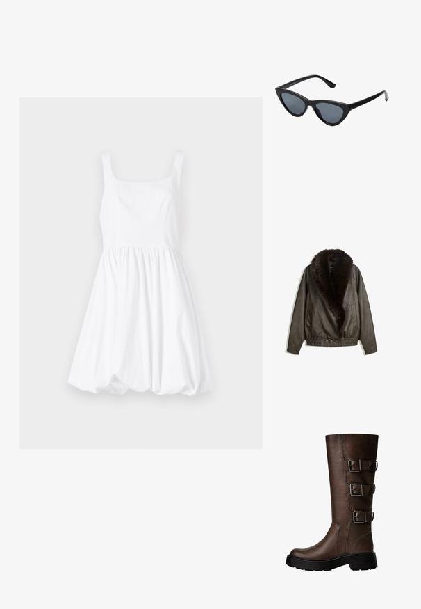 Barna bőrkabát műszőrme gallérral, laza fazonnal, bordázott derékrészsel és két oldalsó zsebbel. Két gomb található az elülső részen a záródáshoz.; Fehér pamut ruha négyzet alakú nyakkivágással, vékony pántokkal és gyűrött szoknyával, amely térfogatot ad az alaknak.; Rövidített fehér ing, hegyes gallérral, hosszú ujjakkal és sima textúrával. Elöl gombos záródás, az inghez illő gombokkal.; Barna bőr térdig érő csizma három fém csattal, texturált felület, kerek orr és vastag talp a stabilitás érdekében.; Fekete macskaszem napszemüveg sötétszürke lencsékkel, letisztult műanyag kerettel, hegyes sarkokkal és egyenes szárakkal. Nincs látható hardver vagy díszítés.
