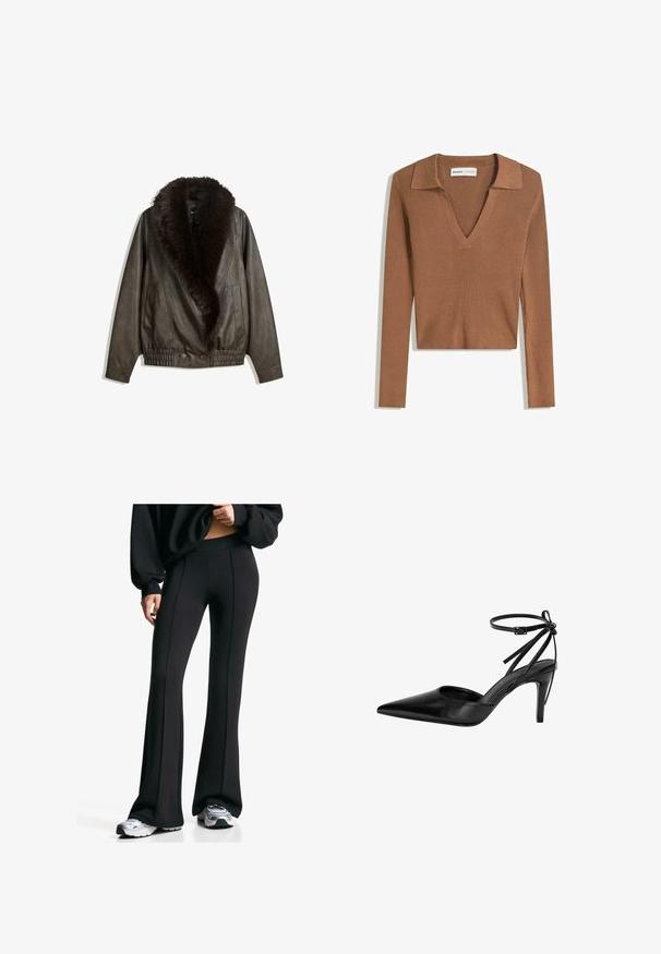 Smeđa kožna jakna s umetkom od umjetnog krzna, opuštenog kroja, rebrastim pojasom i dva bočna džepa. Ima dva gumba sprijeda za zatvaranje.; Smeđa rebrasta dugačka majica s dugim rukavima i skraćenim krojem, s dubokim V-izrezom i ovratnikom, izrađena od lagane pletene tkanine.; Crne trapezaste hlače s visokim strukom i bočnim šavovima. Napravljene od rastezljivog materijala, imaju glatku teksturu. Uparene s sportskom obućom.; Crne cipele s visokom potpeticom i špicastim vrhom, s izrezbarenom konstrukcijom i podesivom kaišicom oko gležnja. Cipele imaju glatku, sjajnu površinu i vitku potpeticu.