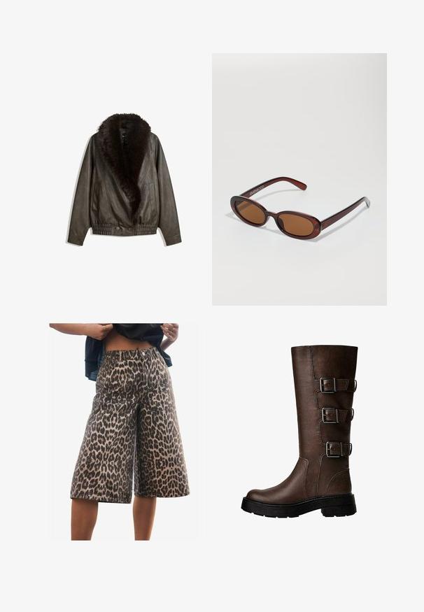 Barna bőrkabát műszőrme gallérral, laza fazonnal, bordázott derékrészsel és két oldalsó zsebbel. Két gomb található az elülső részen a záródáshoz.; Rövidített fehér ing, hegyes gallérral, hosszú ujjakkal és sima textúrával. Elöl gombos záródás, az inghez illő gombokkal.; Leopárdmintás farmer sort, laza szabású, közepes derékbőséggel, strukturált varrással és széles lábbal. Az anyag puha tapintású.; Barna bőr térdig érő csizma három fém csattal, texturált felület, kerek orr és vastag talp a stabilitás érdekében.; Kerek, barna árnyalatú napszemüveg fényes burgundi kerettel. Karcsú karok diszkrét márkázással. Lapos lencse kialakítás.; Barna bőr hobo táska, laza fazonú és sima textúrájú. Egy modell viseli hétköznapian, nagy nyílással és lekerekített formával.