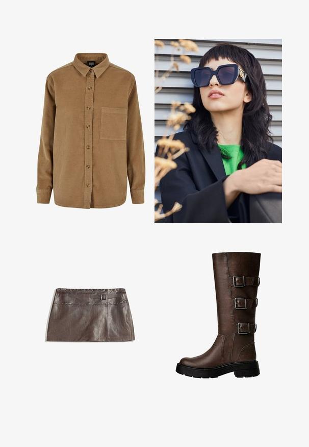 Hnědá kožená bunda s umělou kožešinou kolem límce, volný střih, žebrovaný pas a dvě boční kapsy. Obsahuje dva přední knoflíky pro zapínání.; Hnědá kordově strukturovaná košile s zapínáním na knoflíky, špičatým límcem, dlouhými rukávy a náprsní kapsou. Obsahuje jemnou vertikální texturu a hnědé knoflíky.; Hnědá kožená mini sukně s kovovými cvočky na pase a poutkem na opasek s přezkou, hladká textura a elegantní, rovný střih.; Hnědá kožená vysoká bota po kolena se třemi kovovými sponami, texturovaným povrchem, zaoblenou špičkou a robustní podrážkou pro stabilitu.; Příliš velké černé sluneční brýle s tlustým rámem a zlatým akcentem, nošené s černým sako a jasně zelenou košilí, na horizontálním pozadí.; Hnědá kožená kabelka hobo s volným designem a hladkým povrchem. Nositelná neformálně modelem, s velkým otvorem a zaobleným tvarem.