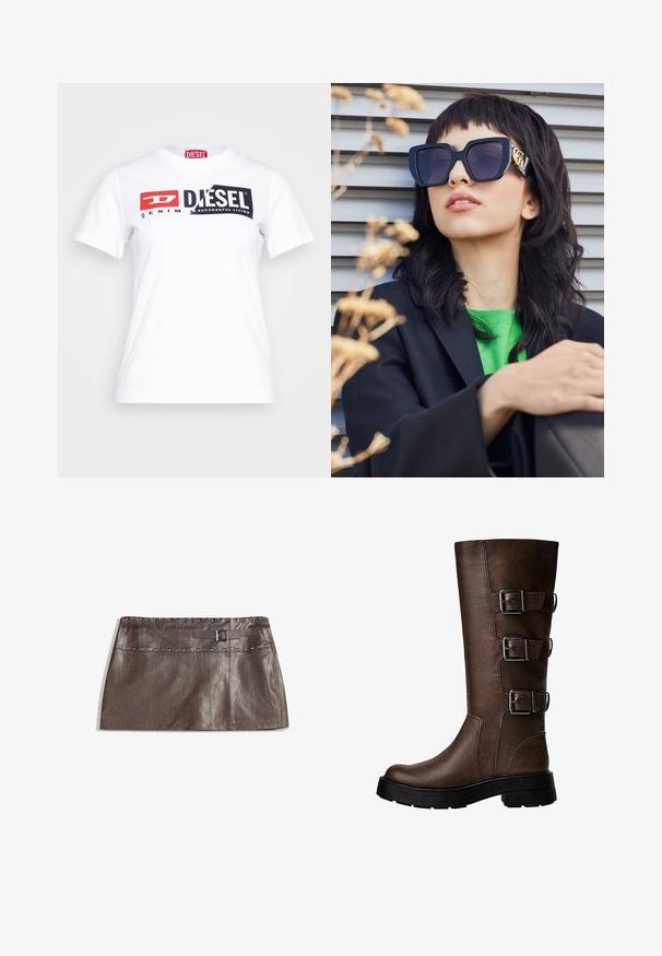 Bruine leren jas met een nepbont kraag, ontspannen pasvorm, geribbelde tailleband en twee zijzakken. Voorzien van twee knopen aan de voorkant voor sluiting.; Witte katoenen t-shirt met een ronde hals, voorzien van opvallende zwarte en rode Diesel branding en "DENIM" tekst in een contrasterende stijl. Korte mouwen.; Bruine leren mini rok met een studs tailleband en een riemlus met een gesp, een gladde textuur en een strakke, rechte uitstraling.; Bruine leren kniehoge laars met drie metalen gespen, textuur op de oppervlakte, ronde neus en stevige zool voor stabiliteit.; Overgedimensioneerde zwarte zonnebril met een dikke rand en gouden accent, gedragen met een zwarte blazer en felgroen shirt, tegen een horizontale achtergrond.; Bruine lederen hobo tas met een slordig ontwerp en een gladde textuur. Casual gedragen door een model, met een grote opening en een ronde vorm.