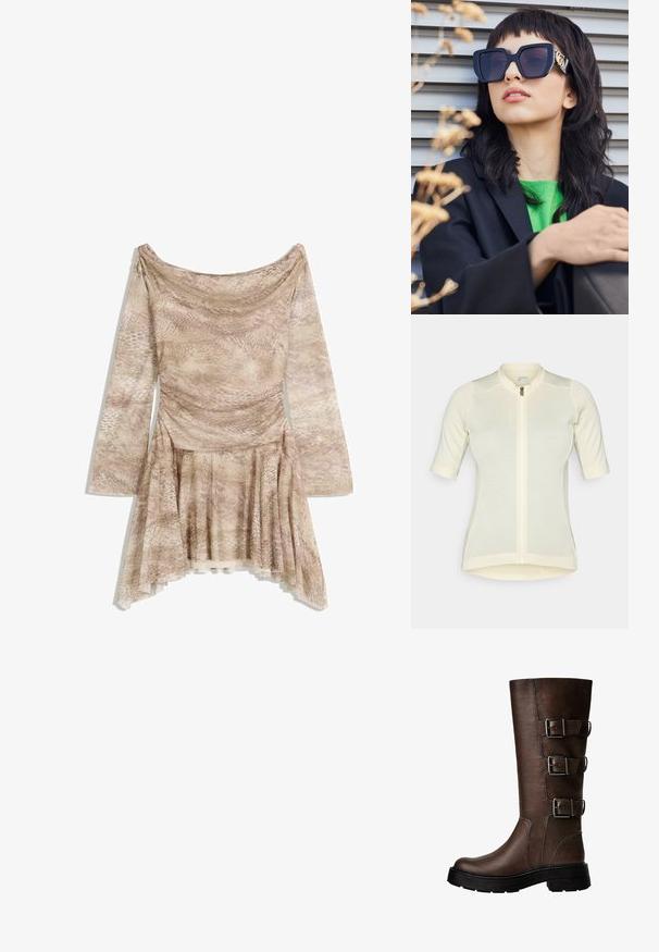Rjava usnjena jakna s umetnim krznom na ovratniku, sproščenega kroja, rebrastim pasom in dvema stranskima žepoma. Ima dva sprednja gumba za zapiranje.; Svetlo rumena kolesarska majica s kratkimi rokavi, oprijet kroj, poln zadrga, subtilna strukturirana tkanina in okrogli ovratnik. Ime blagovne znamke spredaj.; Dolga obleka v bež barvi z ozorjem kačje kože, z drapirano dekoltejem, prilegajočim bodijem in razširjeno krilo z asimetričnim robom. Mehka, teksturirana tkanina.; Rjavi usnjeni škornji do kolen s tremi kovinskimi zaponkami, teksturirana površina, okrogla kapica in robusten podplat za stabilnost.; Prevelike črne sončne očala z debelim okvirjem in zlatim poudarkom, nošene s črno jakno in svetlo zeleno srajco, na horizontalni ozadju.