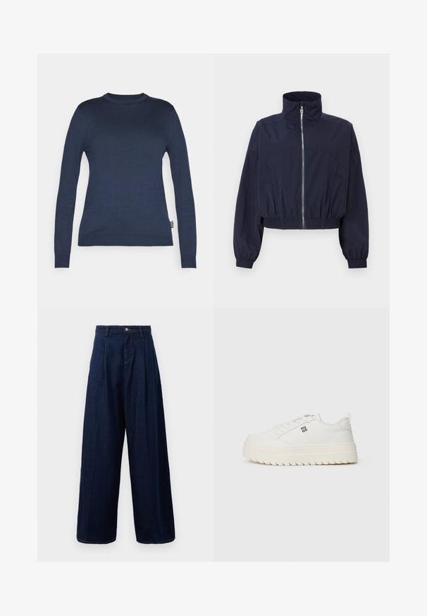 Ναυτικό κοντό σακάκι, με ψηλό γιακά, μπροστινό φερμουάρ, ελαστική μέση και συγκεντρωμένα μανίκια, φτιαγμένο από ελαφρύ, υφασμάτινο ύφασμα.; Ναυτικό μπλε πλεκτό πουλόβερ με μακριά μανίκια, στρογγυλή λαιμόκοψη και ριγωτές μανσέτες. Διαθέτει μια μικρή λευκή ετικέτα στην κάτω δεξιά πλευρά.; Σκούρο μπλε τζιν παντελόνι σε φαρδιά γραμμή με ψηλή μέση, πλισέ μπροστά και κλασικό κλείσιμο με κουμπί, διαθέτοντας πλαϊνές τσέπες και αντίθετη ραφή.; Λευκά δερμάτινα sneakers με υφασμάτινη πλατφόρμα, που διαθέτουν μαύρο λογότυπο στο πλάι και σχέδιο με κορδόνια για ρυθμιζόμενο fit.
