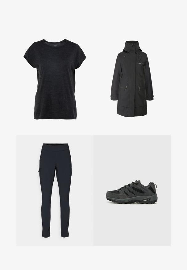 Chaqueta impermeable negra con cuello alto, capucha ajustable, dos bolsillos laterales con cremallera y un logo en el pecho. Textura lisa, ajuste entallado.; Camiseta de manga corta gris oscuro con cuello redondo y un ajuste relajado. La tela tiene un aspecto suave y texturizado.; Pantalones deportivos negros de corte ajustado, con cintura elástica y un bolsillo lateral con cremallera. Tejido suave y elástico con mínimas costuras.; Columbia REDMOND - Zapatillas de senderismo - black/citron haze