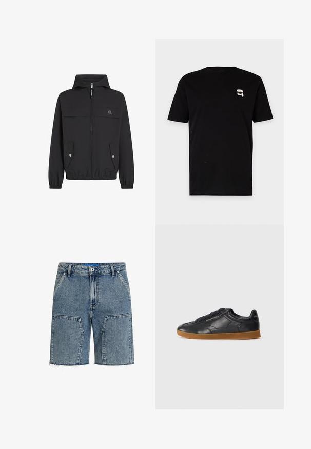 Juodas gobtuvas striukė su užtrauktuku, dviem priekiniais kišenėmis, elastinėmis rankovėmis ir paprastu logotipu kairėje krūtinės pusėje. Lygaus, lengvo audinio.; Juodas medvilnės t-shirt su trumpomis rankovėmis, kuriame yra mažas baltas piešinys su akiniais ant kairiojo krūtinės. Klasikinio apvalaus kaklo dizainas.; Šviesiai mėlyni džinsiniaišortai su laisvu siluetu, nusidėvėjusiu kraštu ir didelėmis priekinėmis kišenėmis. Pagaminti iš tekstūruoto džinsinio audinio.; Juodas odinis sportinis batelis su apvaliu nosies dizainu, raišteliais ir kontrastinga gumine sola. Šone ir gale yra iškilus prekės ženklas.