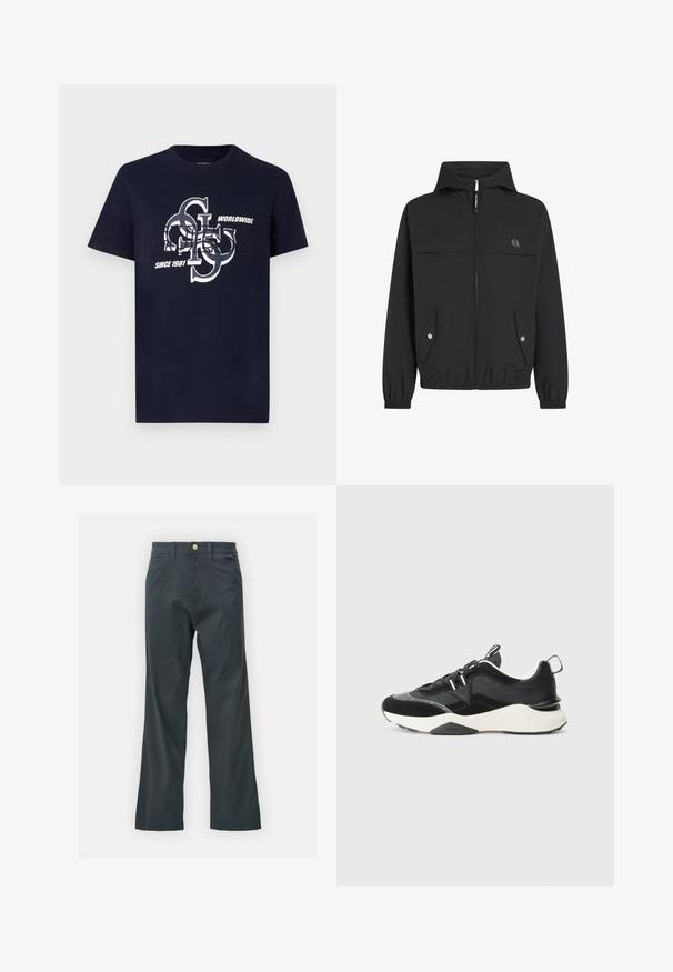 Čierna kapucňová bunda so zipsom, dvoma prednými vreckami, elastickými manžetami a jednoduchým logom na ľavej hrudi. Hladká, ľahká tkanina.; Námornícke bavlnené tričko s krátkymi rukávmi, ktoré má grafický dizajn loga v bielej farbe. Text obsahuje "Guess," "Worldwide" a "Since 1981."; Čierne nohavice so straight leg strihom, vyrobené z bavlnenej zmesi. Majú kovové zapínanie a bočné vrecká. Bez viditeľných vzorov.; Čierne tenisky so zmesou semišu a sieťoviny, robustná biela podrážka a reflexné detaily. Dizajn na šnurovanie s pútkom.